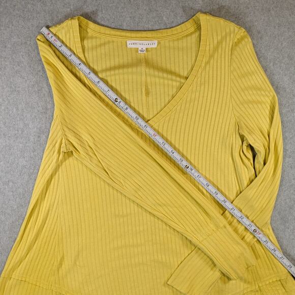Jane & Delancey Yellow Ribbed V Neck Lettuce Hem Flowy Top Women M Casual - Picture 11 of 14